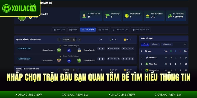 Nhấp chọn trận đấu bạn quan tâm để tìm hiểu thông tin